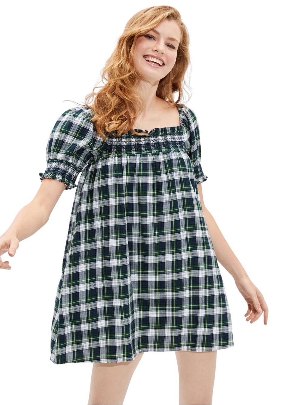 American Eagle Plaid Smocked Puff Sleeve Babydoll Mini Dress Womens S